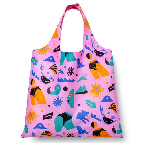 Pink illustrated reusable tote bag with cheeky body part print in teal orange and black by Meg Fransee for Yellow Owl Workshop
