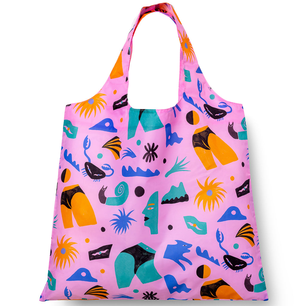 Pink illustrated reusable tote bag with cheeky body part print in teal orange and black by Meg Fransee for Yellow Owl Workshop