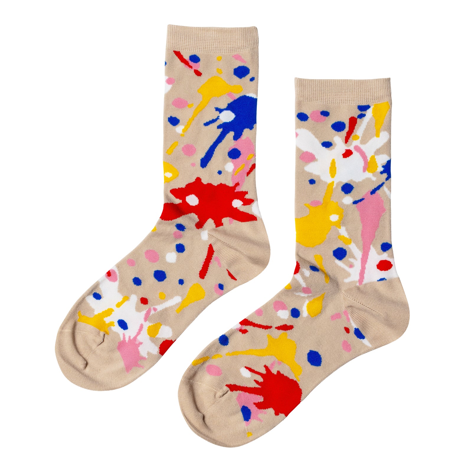 Tan crew socks featuring colorful paint splatter in red blue yellow pink and white by Yellow Owl Workshop