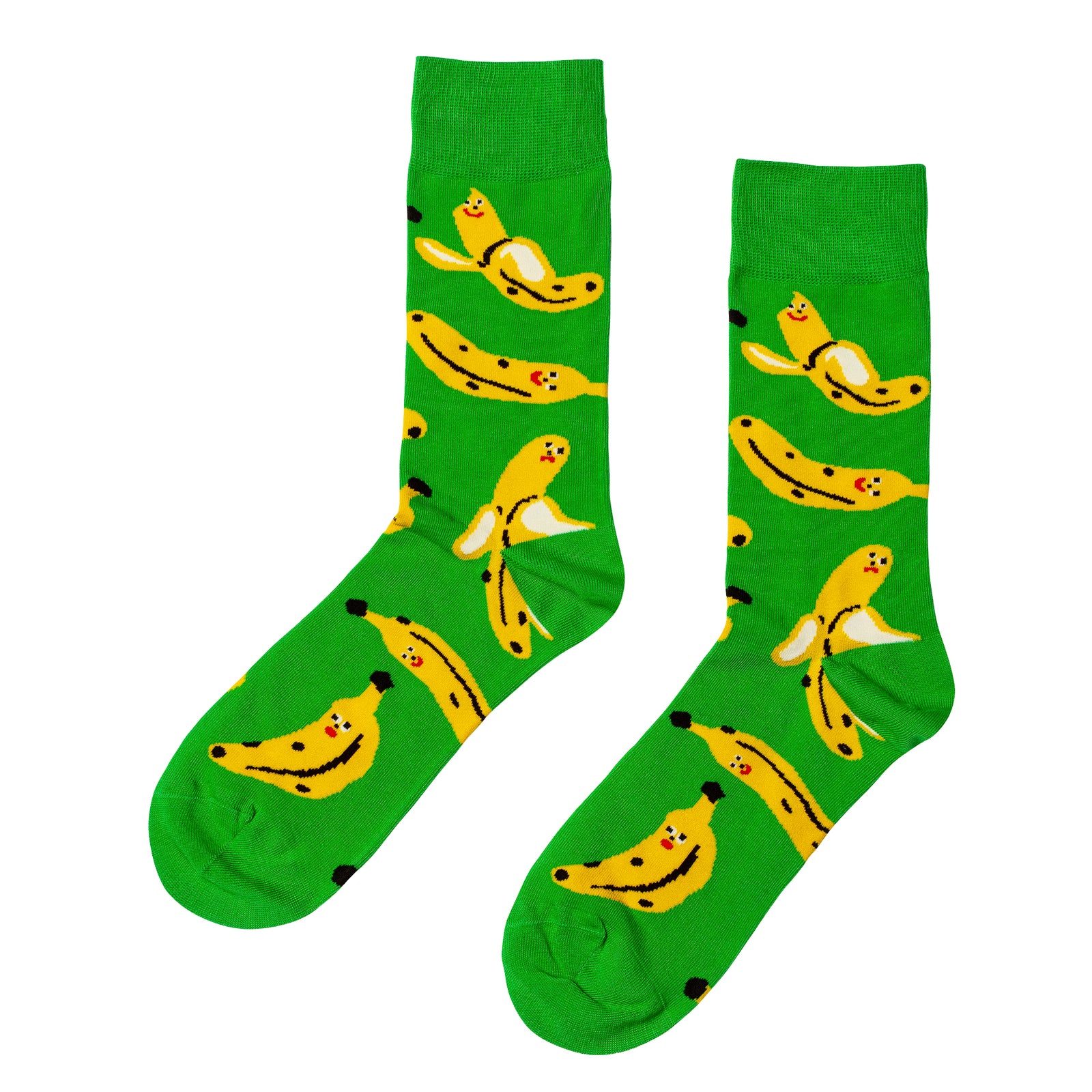 Bright green crew socks featuring playful illustrated banana characters by Kristina Micotti for Yellow Owl Workshop