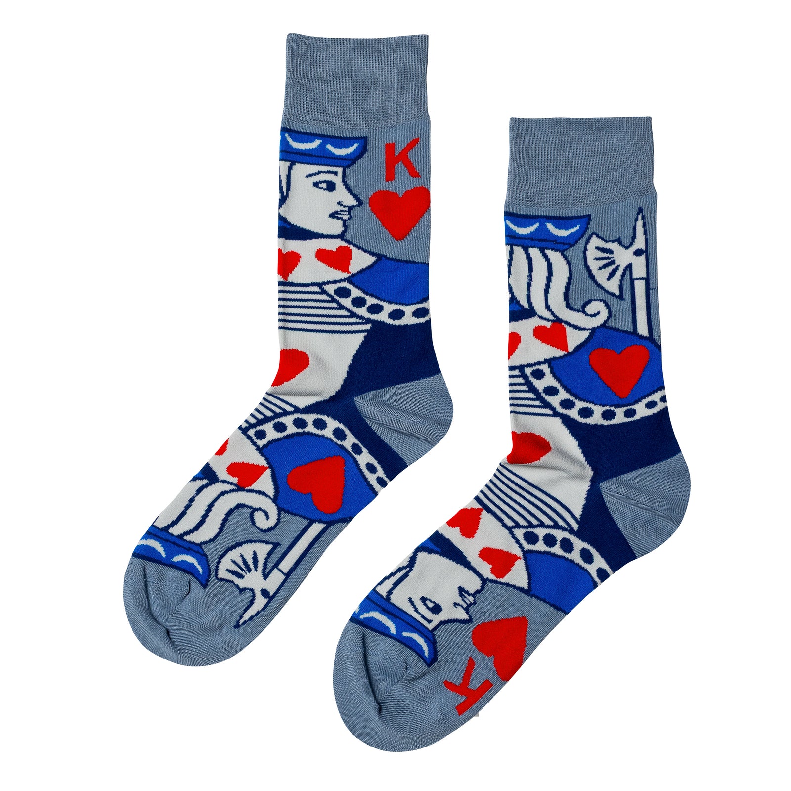 Blue and red crew socks featuring classic King of Hearts playing card illustration by Yellow Owl Workshop