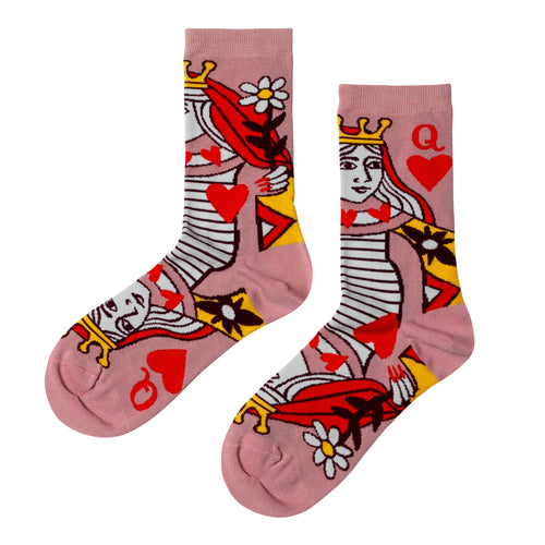 Pink crew socks featuring classic Queen of Hearts playing card illustration with crown hearts and flowers by Yellow Owl Workshop