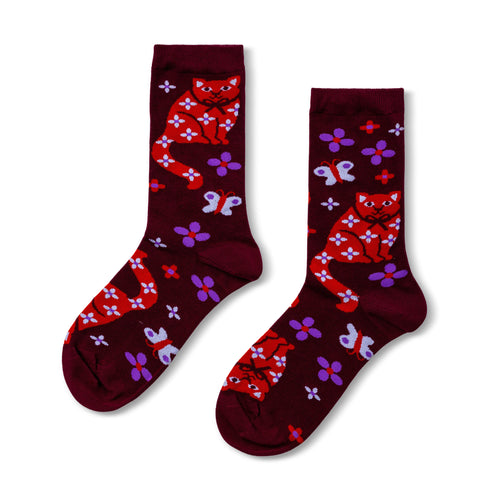 Floral Cat Crew Socks - Small