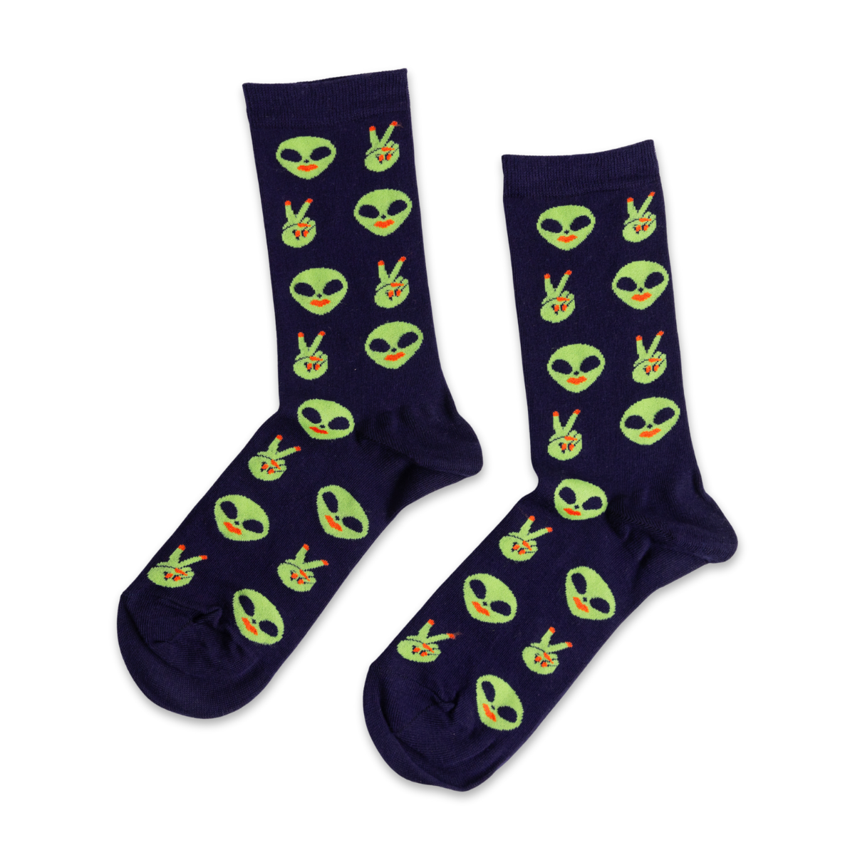 Black crew socks featuring green alien faces and peace sign hands by Yellow Owl Workshop