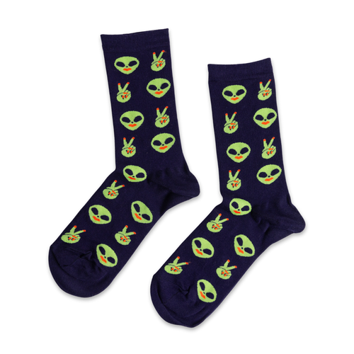 Black crew socks featuring green alien faces and peace sign hands by Yellow Owl Workshop