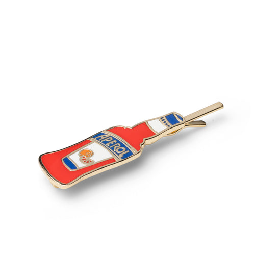 Gold cloisonné enamel Aperol bottle hair pin in red white and blue by Yellow Owl Workshop