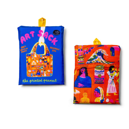 Art History Art Sack® folded front and back showing illustrated folk art print and red Art Sack® packaging by The Printed Peanut for Yellow Owl Workshop