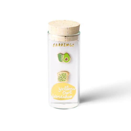 Avocado toast mismatched cloisonné stud earrings in glass vial packaging by Yellow Owl Workshop