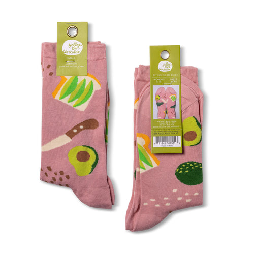 Avocado Toast crew socks packaging front and back by Yellow Owl Workshop