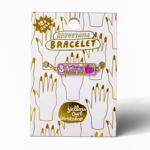 Lavender enamel Babelicious charm bracelet on gold foil packaging card by Yellow Owl Workshop