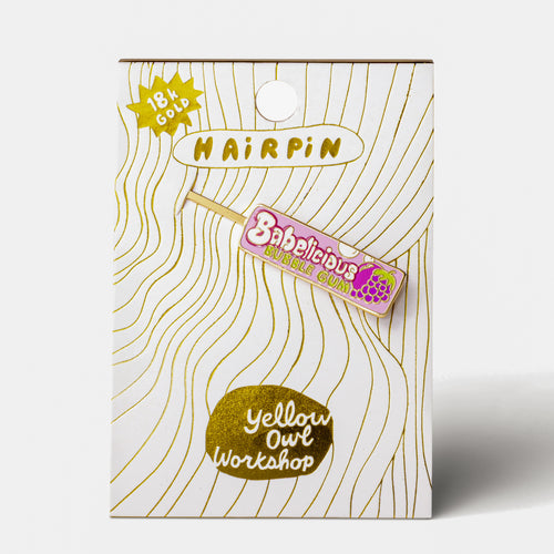 Babelicious gold cloisonné enamel hair pin in packaging by Yellow Owl Workshop