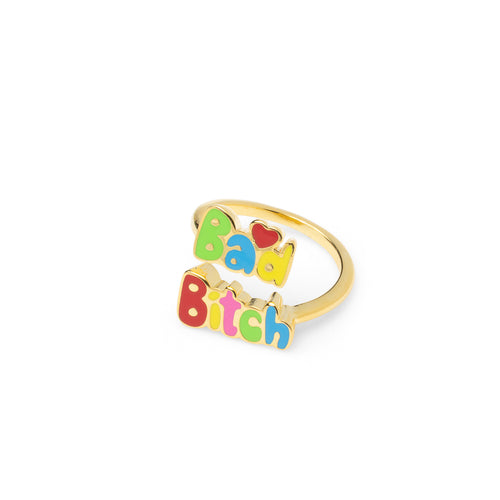 Gold adjustable Bad B tch ring in bright multicolor enamel letters by Yellow Owl Workshop