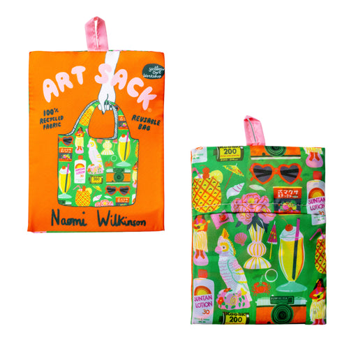 Tropical Vacation Art Sack® folded front and back showing colorful retro tropical illustration and Art Sack® packaging by Naomi Wilkinson for Yellow Owl Workshop