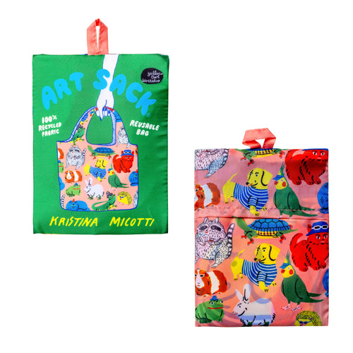 Cool Critters Art Sack® folded front and back showing colorful quirky animal illustration and Art Sack® packaging by Kristina Micotti for Yellow Owl Workshop