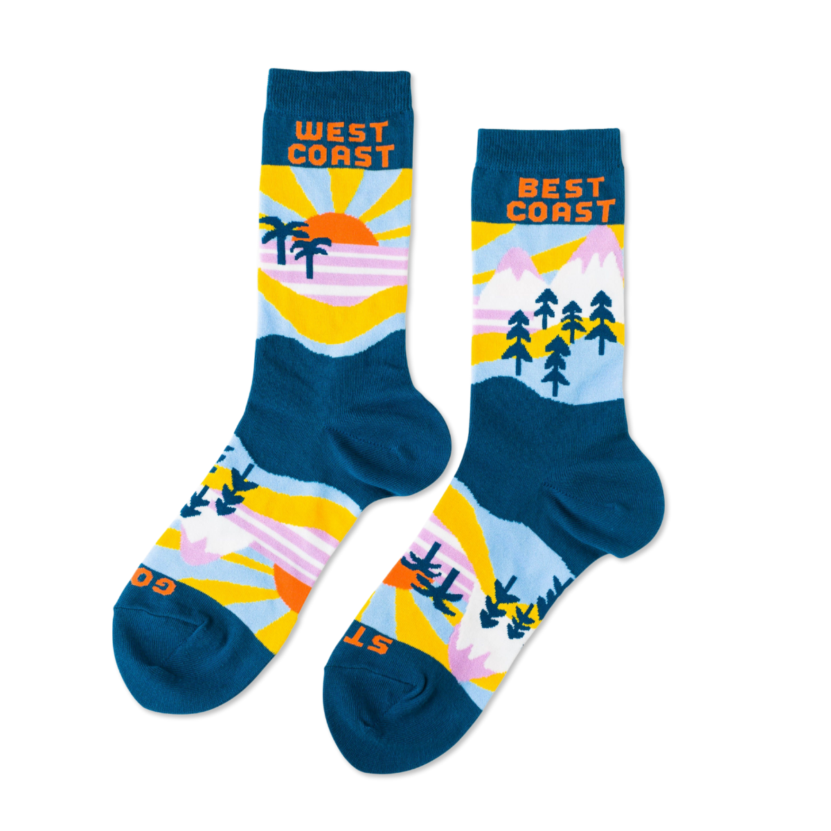 Teal crew socks featuring West Coast and Best Coast text with illustrated sunsets palm trees pine forests and mountains by Yellow Owl Workshop
