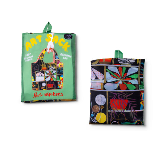 Bodega Art Sack® folded front and back showing bold collage illustration and red Art Sack® packaging by Paul Wackers for Yellow Owl Workshop