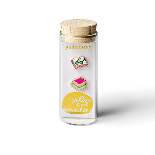 Book and Glasses mismatched gold stud earrings in gift-ready glass vial by Yellow Owl Workshop