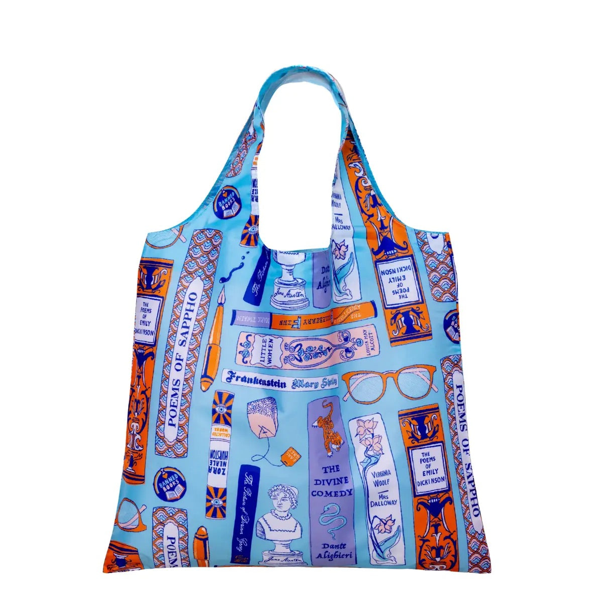 Illustrated reusable tote bag featuring book titles by female and queer authors and banned books by Yellow Owl Workshop