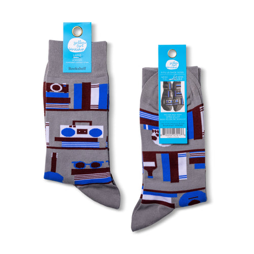 Bookshelf crew socks packaging front and back by Yellow Owl Workshop