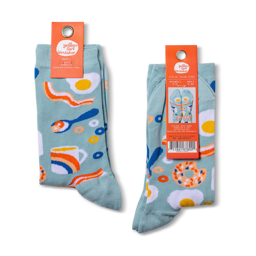 Mint Breakfast crew socks with illustrated breakfast food print worn on feet by Yellow Owl Workshop