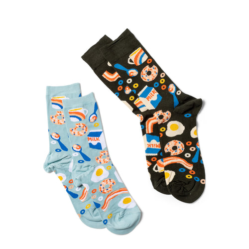 Breakfast crew socks small and large sizes laid out side by side by Yellow Owl Workshop