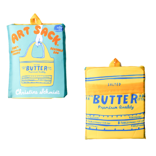 Butter Art Sack® folded front and back showing salted butter label illustration and red Art Sack® packaging by Yellow Owl Workshop