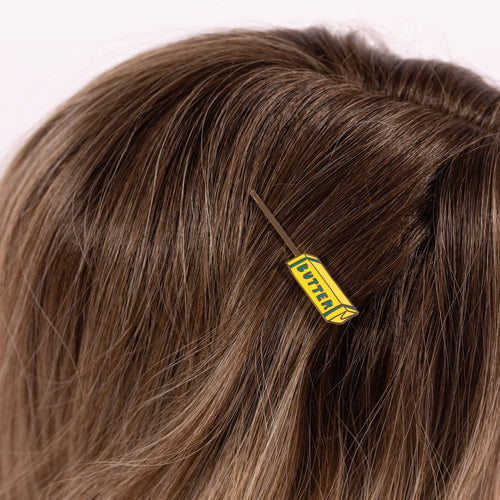 Butter gold cloisonné enamel hair pin worn in hair by Yellow Owl Workshop