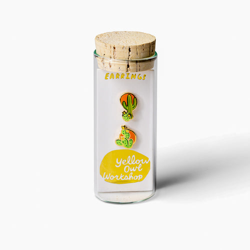 Cactus sunset mismatched cloisonné stud earrings in glass vial packaging by Yellow Owl Workshop