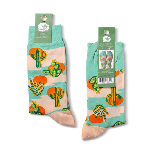 Cactus Sunset crew socks packaging front and back by Yellow Owl Workshop