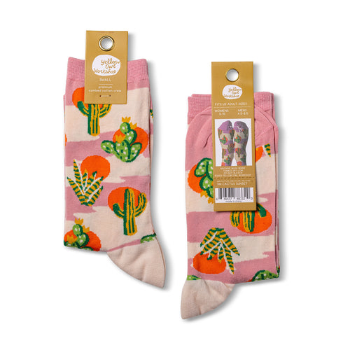 Cactus Sunset crew socks small size packaging front and back by Yellow Owl Workshop