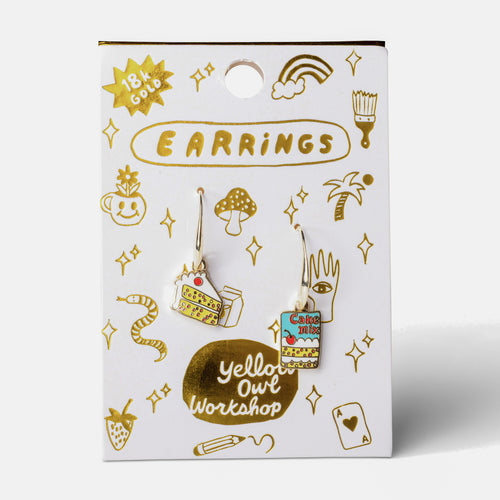 Cake and Cake Mix mismatched enamel drop earrings on gold foil matchbook card by Yellow Owl Workshop