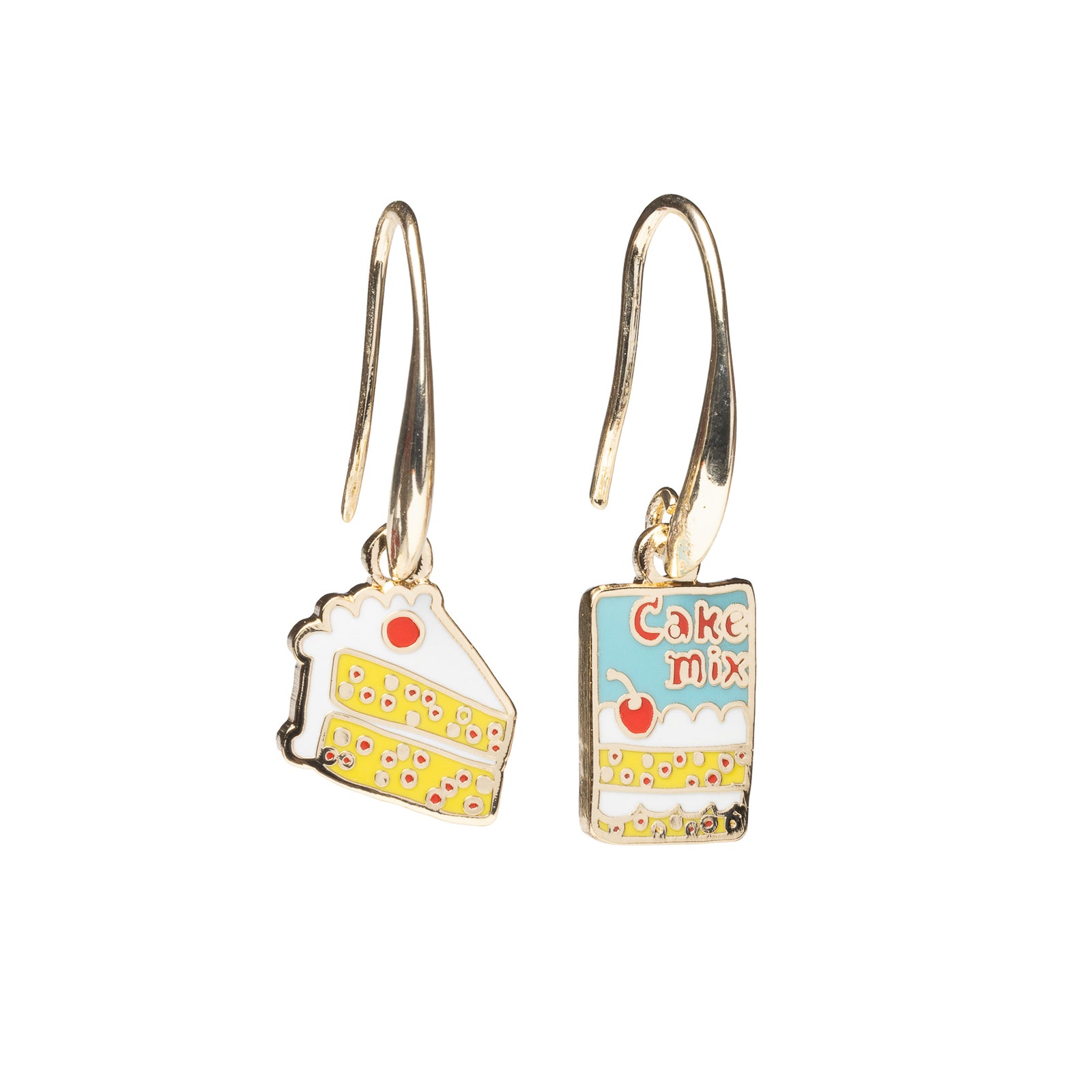 Mismatched enamel drop earrings featuring yellow confetti cake slice with white frosting and cherry and cake mix box by Yellow Owl Workshop