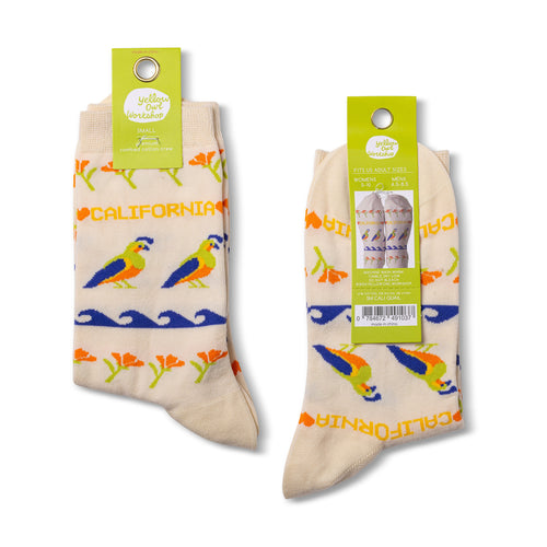 California Quail crew socks small size packaging front and back by Yellow Owl Workshop