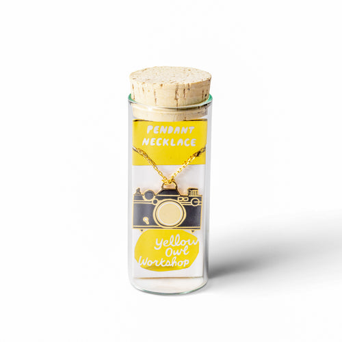 Camera cloisonné enamel pendant necklace in glass vial packaging by Yellow Owl Workshop