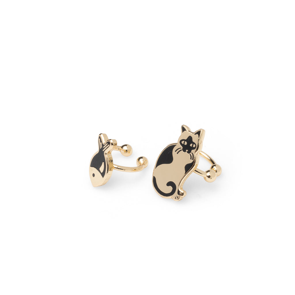 Mismatched gold cat and fish no-piercing ear cuffs by Yellow Owl Workshop