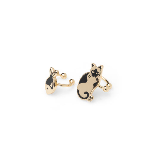Mismatched gold cat and fish no-piercing ear cuffs by Yellow Owl Workshop