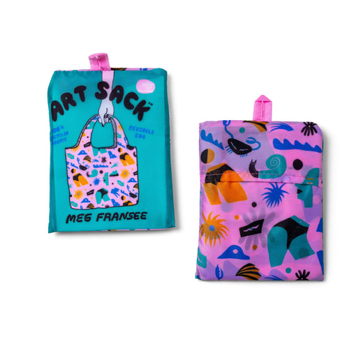 Cheeky Art Sack® folded front and back showing pink illustrated body print and red Art Sack® packaging by Meg Fransee for Yellow Owl Workshop