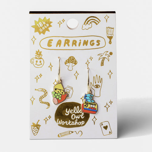 Cheese and Fish mismatched enamel drop earrings on gold foil matchbook card by Yellow Owl Workshop