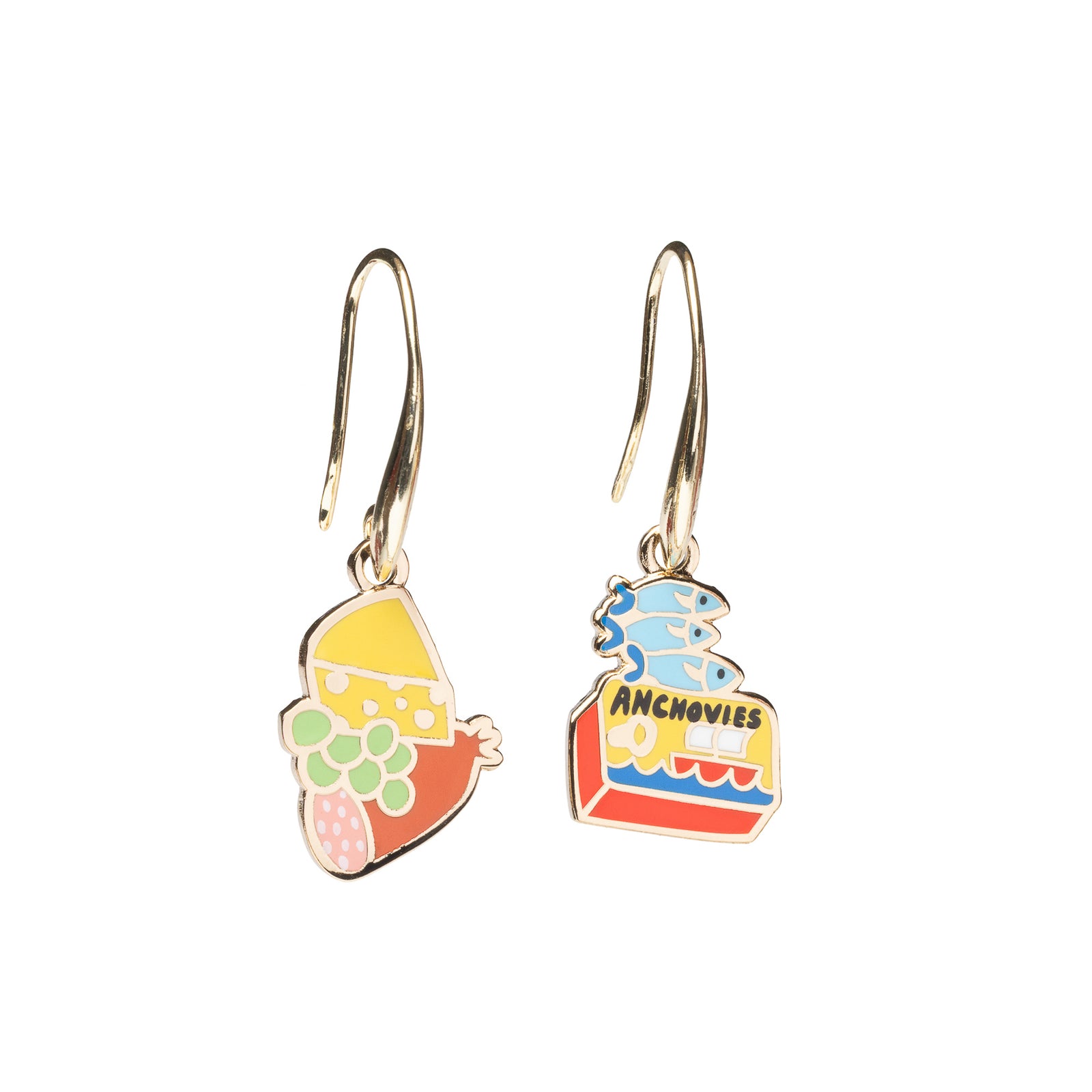 Mismatched enamel drop earrings featuring stacked cheese and grapes charcuterie and tin of anchovies with fish by Yellow Owl Workshop