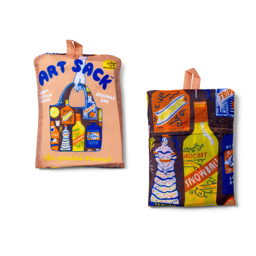 Cocktails Art Sack® folded front and back showing vintage spirit bottle illustration and red Art Sack® packaging by The Printed Peanut for Yellow Owl Workshop