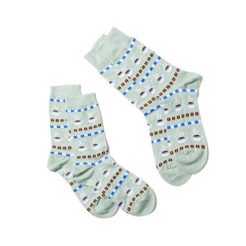 Coffee crew socks small and large sizes laid out side by side by Yellow Owl Workshop