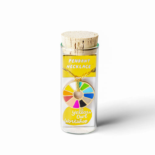 Color wheel cloisonné enamel pendant necklace in glass vial packaging by Yellow Owl Workshop