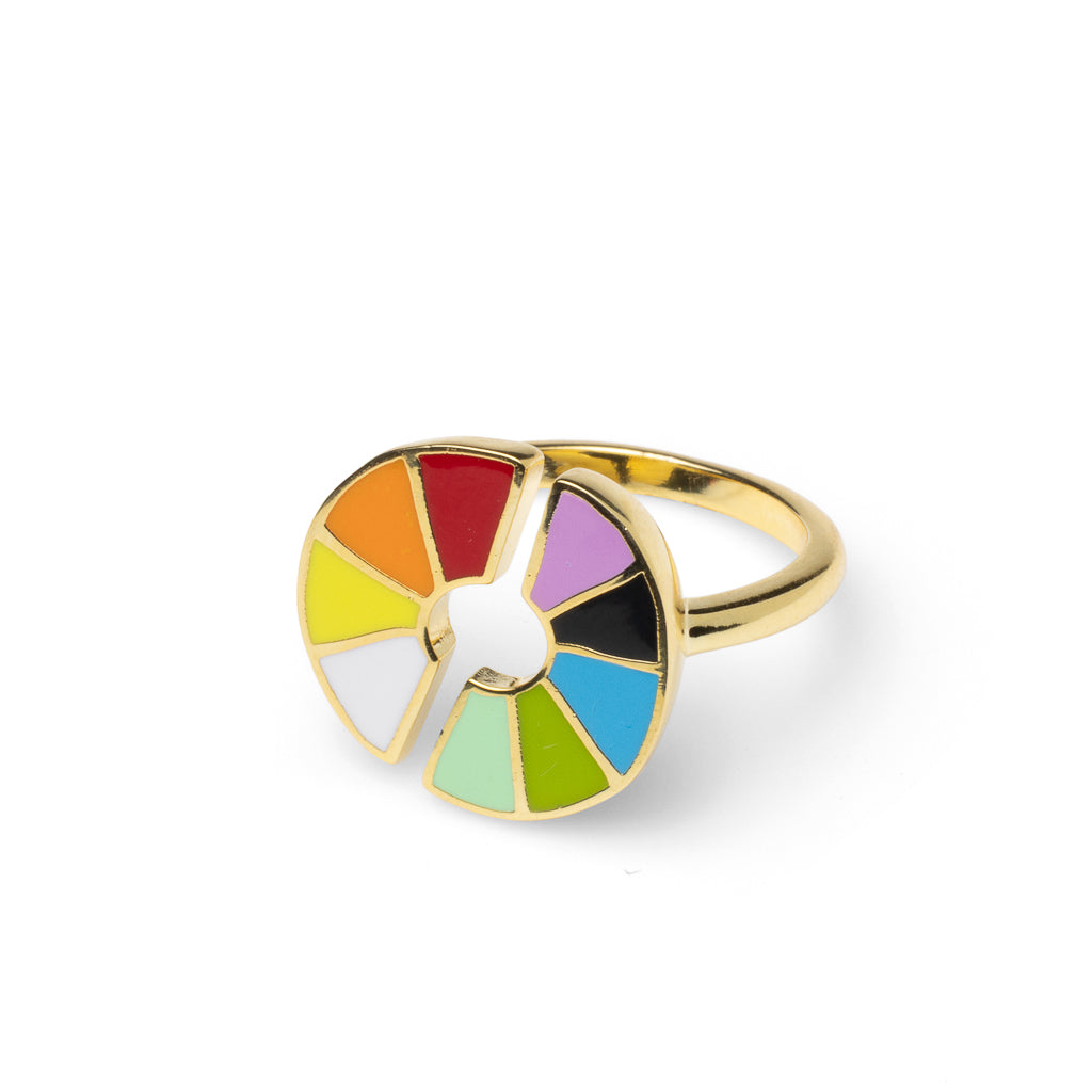 Gold cloisonné color wheel ring with full spectrum enamel hues by Yellow Owl Workshop