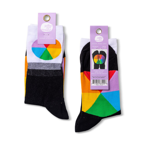 Color Wheel crew socks packaging front and back by Yellow Owl Workshop