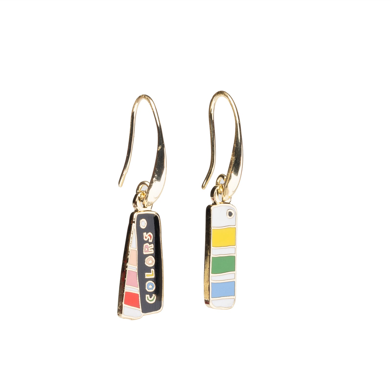 Mismatched enamel drop earrings featuring black Colors swatch fan with multicolor swatches and white color swatch card by Yellow Owl Workshop