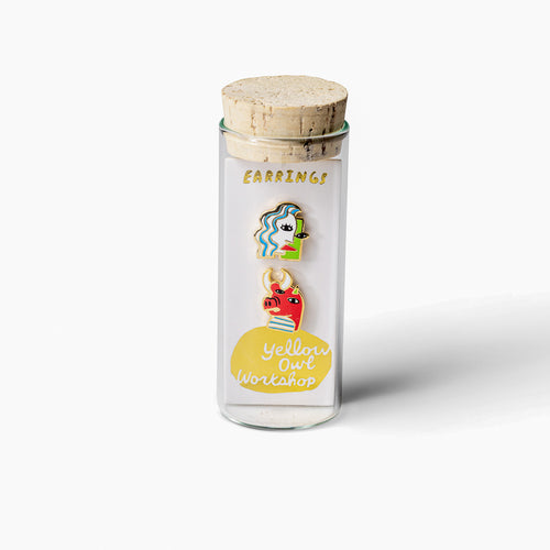 Cubist mismatched cloisonné stud earrings in glass vial packaging by Yellow Owl Workshop