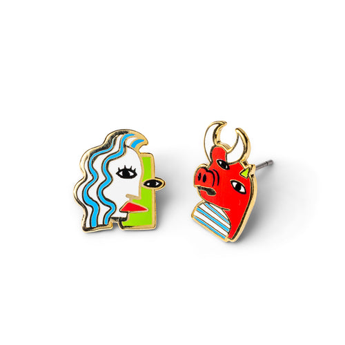 Mismatched cloisonné stud earrings featuring cubist face with blue wavy hair and bold red bull gilded in 22 karat gold by Yellow Owl Workshop