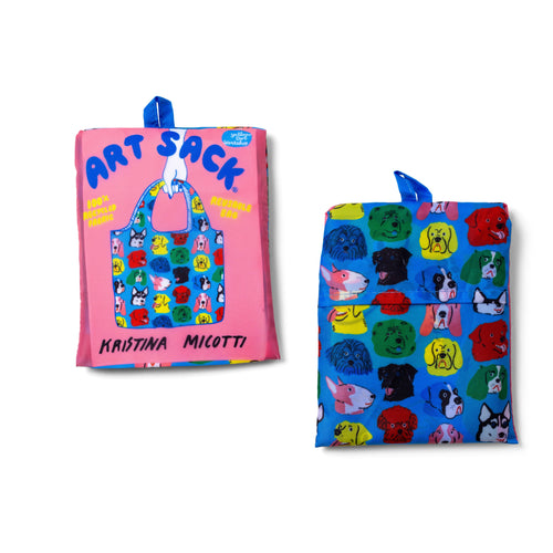 Dogs Art Sack® folded front and back showing colorful dog illustration and red Art Sack® packaging by Kristina Micotti for Yellow Owl Workshop