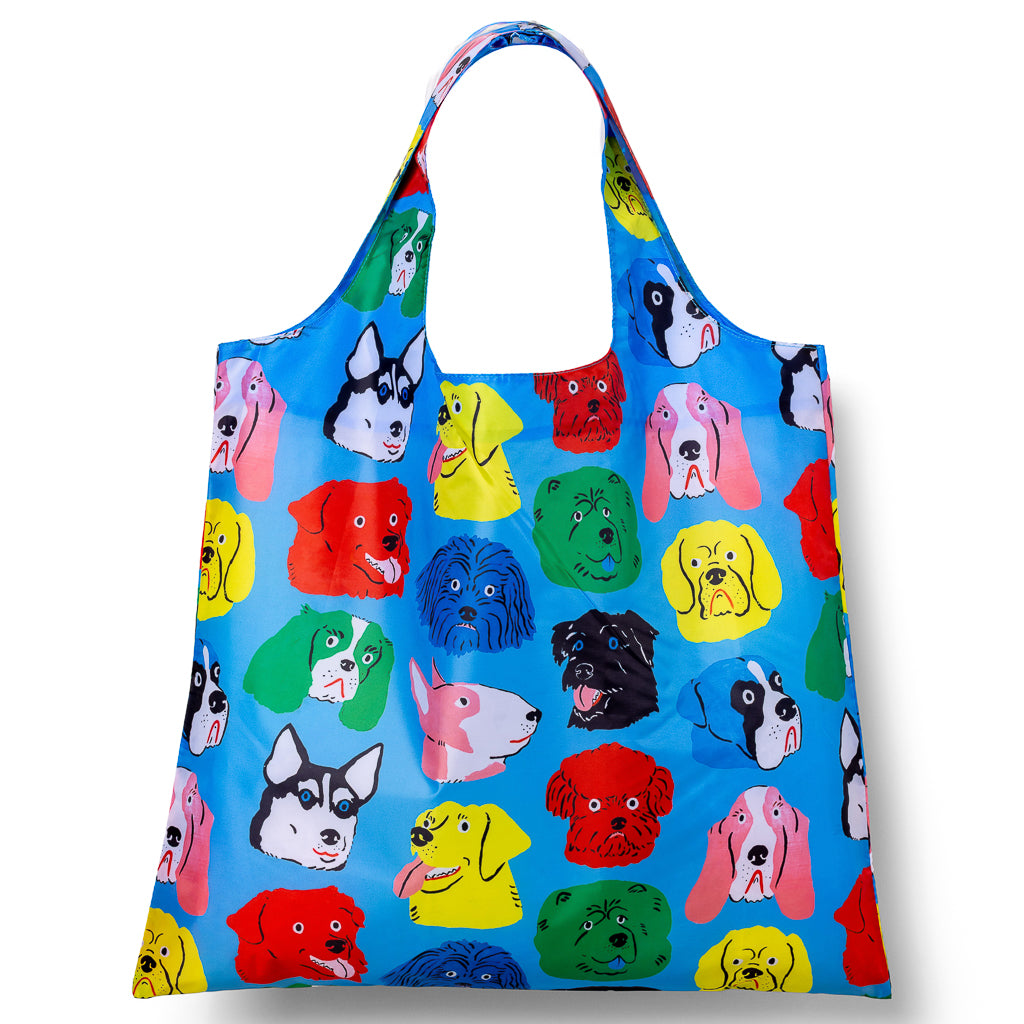 Illustrated reusable tote bag covered in colorful playful dog illustrations by Kristina Micotti for Yellow Owl Workshop
