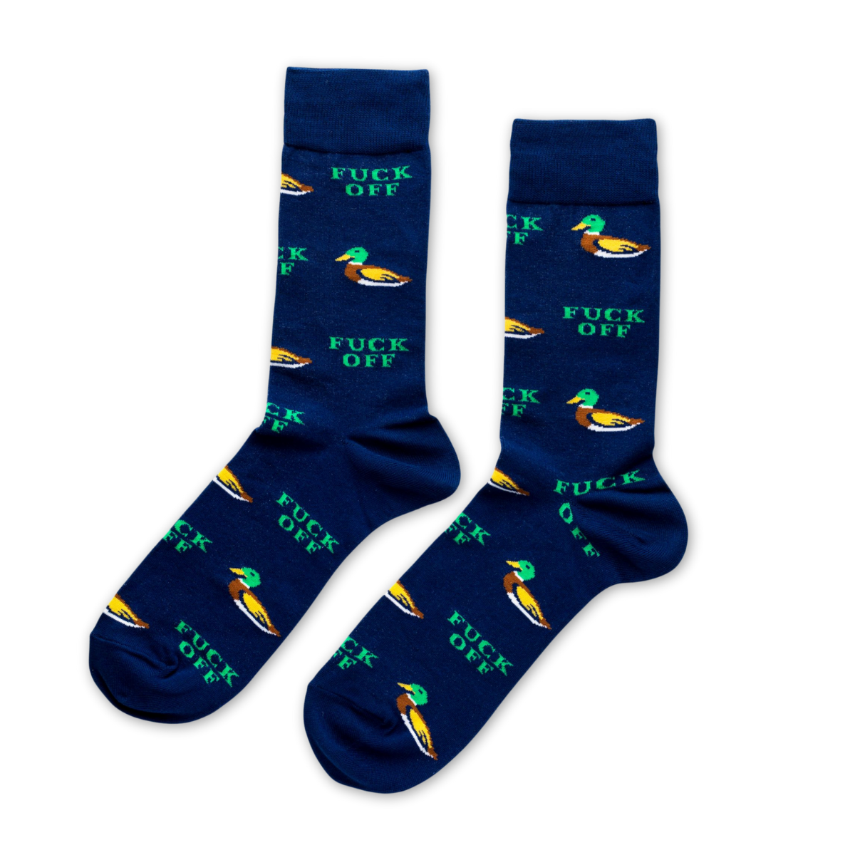Navy crew socks featuring mallard duck illustrations and Fuck Off text in teal green by Yellow Owl Workshop